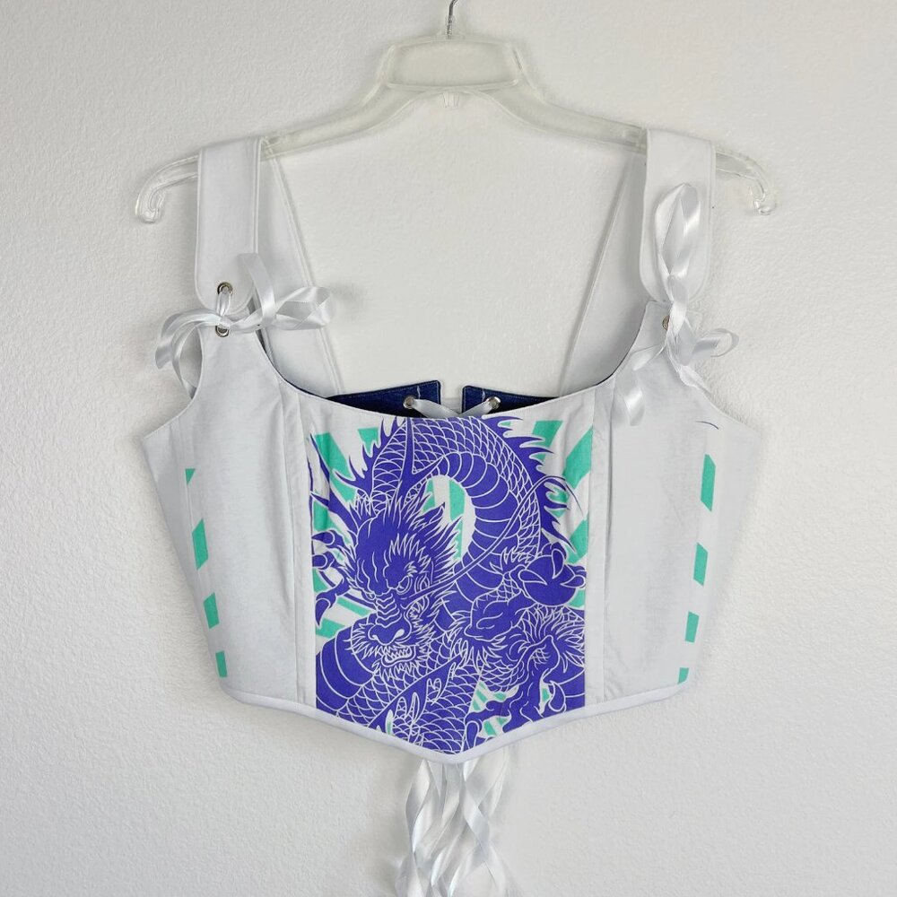 Handcrafted White Dragon Print Corset Top – Adjustable Ribbon Straps